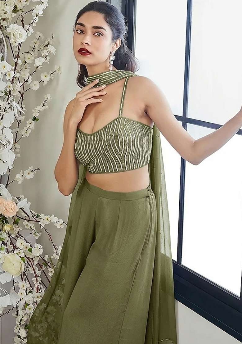 Olive Green Hand Work Georgette Fusion Set - Indya
