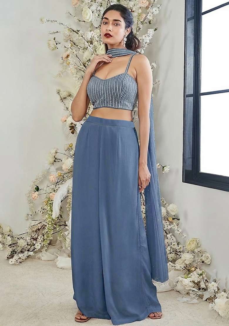 Steel Blue Hand Work Georgette Fusion Set - Indya