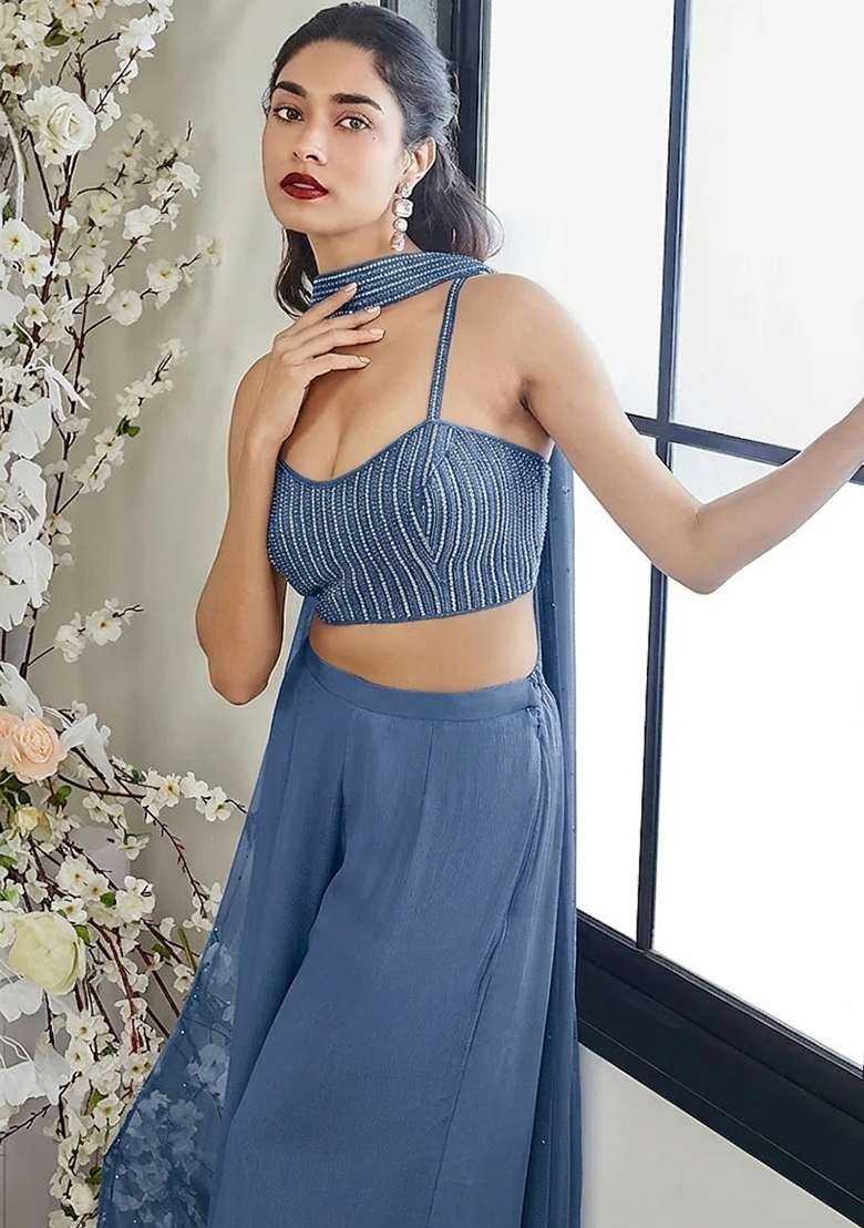 Steel Blue Hand Work Georgette Fusion Set - Indya
