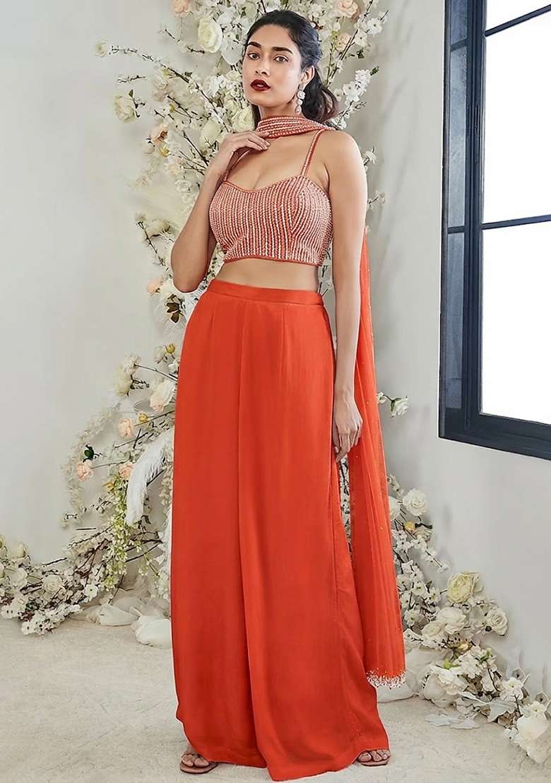 Orange Hand Work Georgette Fusion Set - Indya