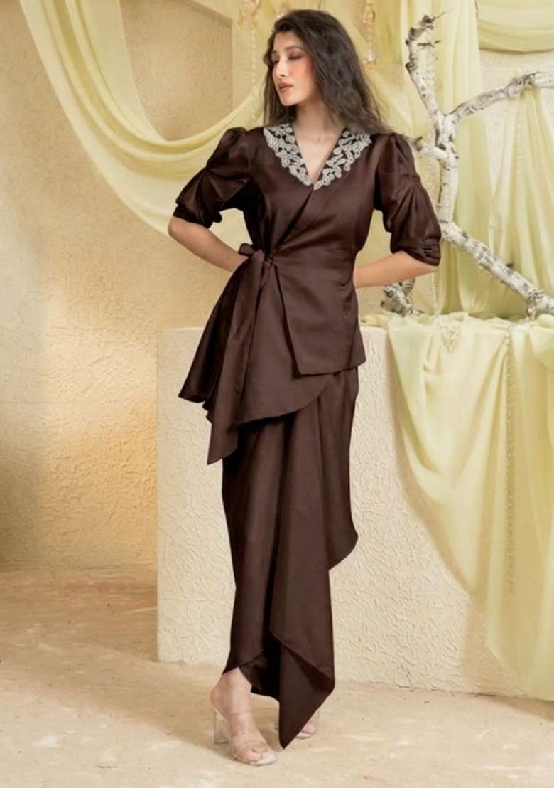 Dark Brown Hand Work Chinon Fusion Set - Indya