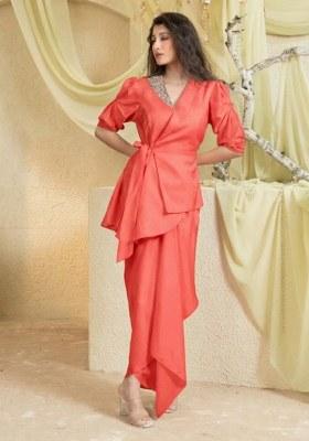 Coral Red Hand Work Chinon Fusion Set