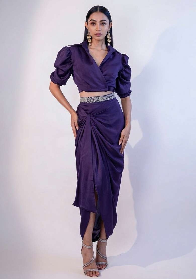 Purple Chinon Fusion Set with Hand Work for Diwali | Wedding & Festive Wear - Indya