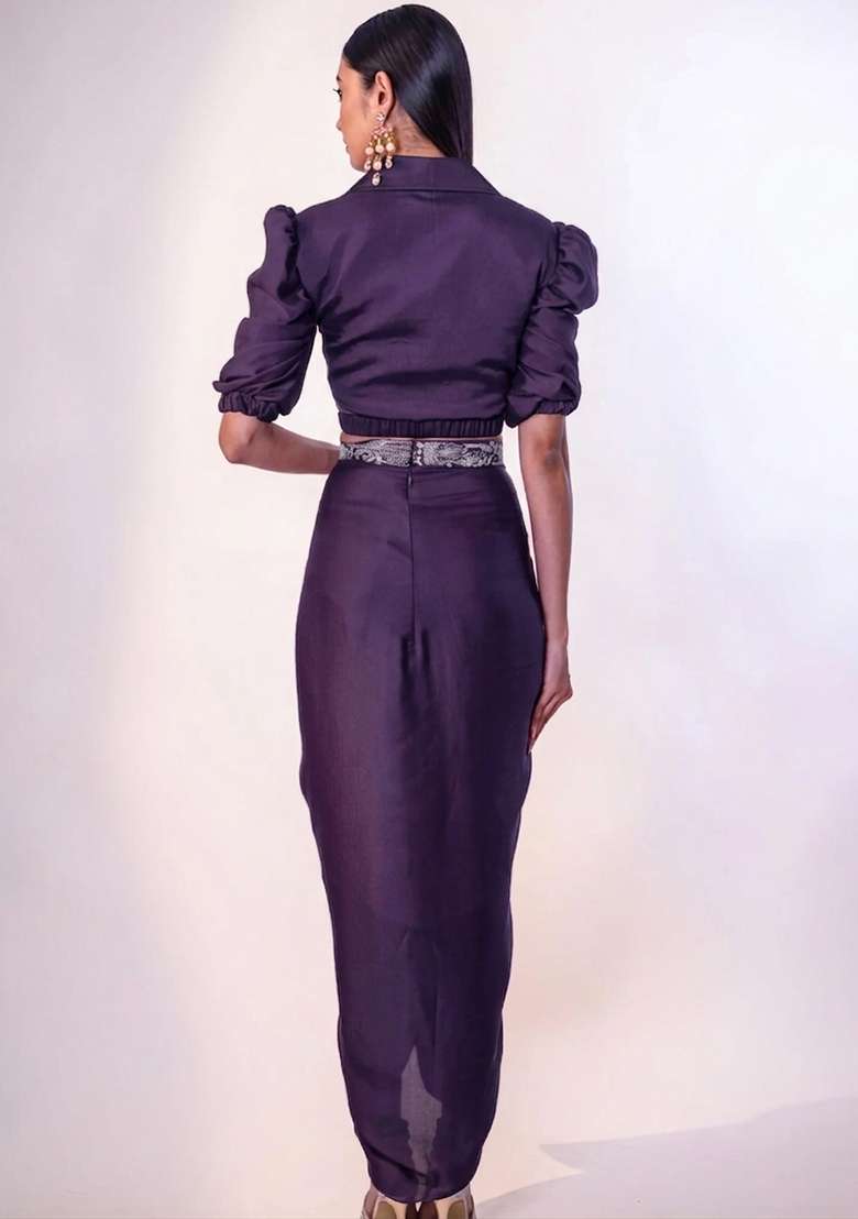 Purple Chinon Fusion Set with Hand Work for Diwali | Wedding & Festive Wear - Indya