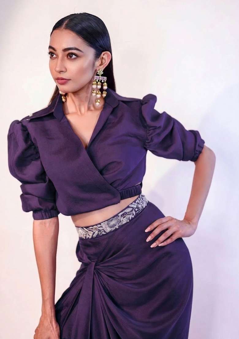 Purple Chinon Fusion Set with Hand Work for Diwali | Wedding & Festive Wear - Indya