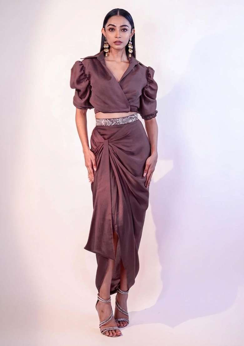 Brown Hand Work Chinon Fusion Set for Diwali and Festive Wear - Indya