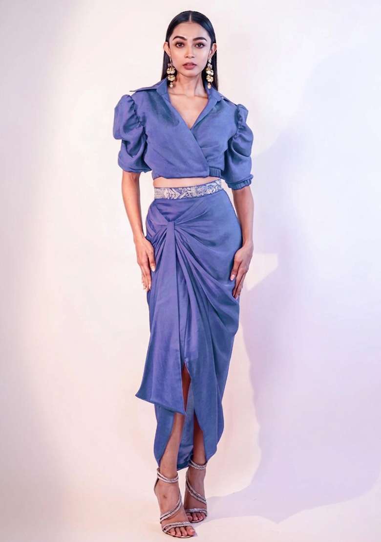 Blue Chinon Fusion Set with Hand Work for Diwali | Wedding & Festive Wear - Indya