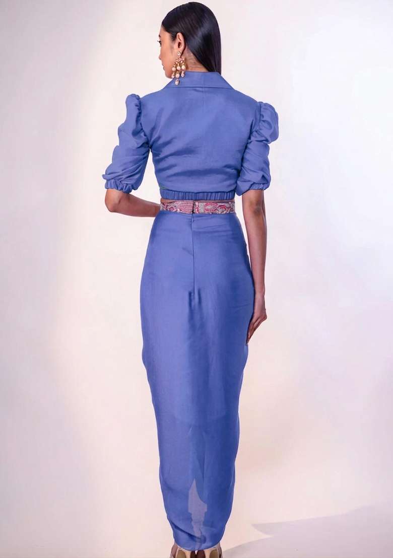 Blue Chinon Fusion Set with Hand Work for Diwali | Wedding & Festive Wear - Indya