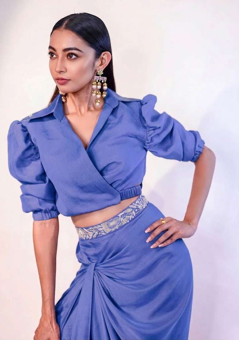 Blue Chinon Fusion Set with Hand Work for Diwali | Wedding & Festive Wear - Indya