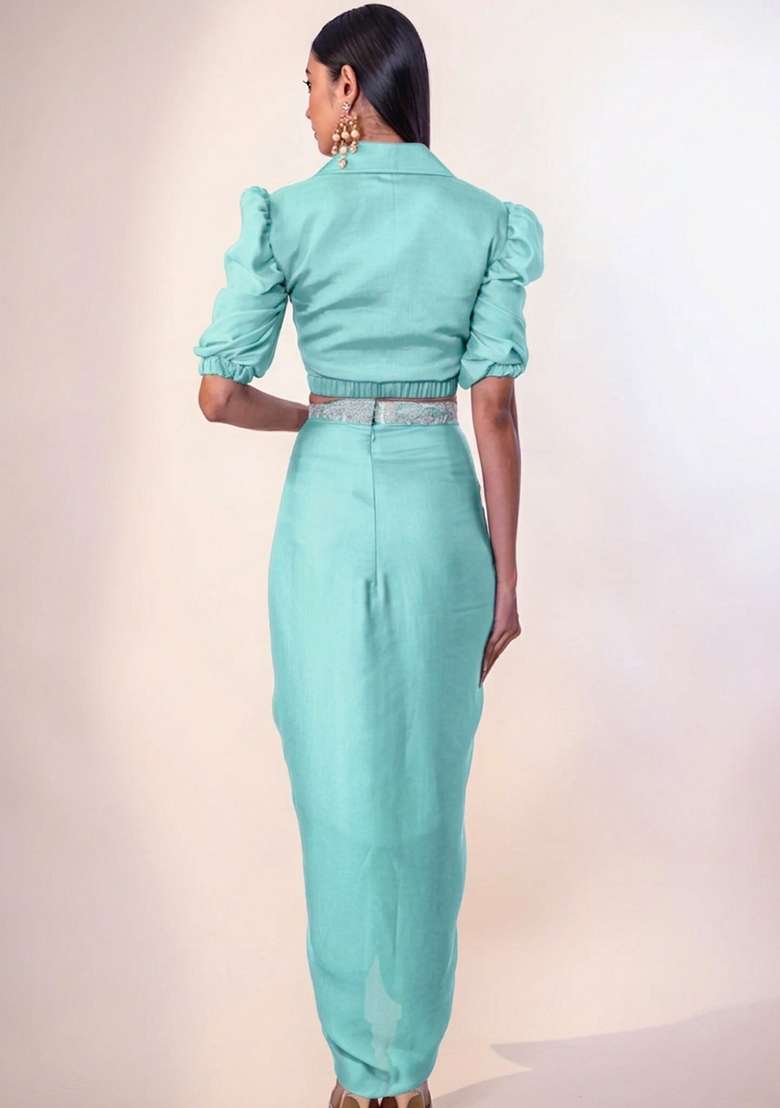 Aqua Blue Chinon Fusion Set with Hand Work for Diwali | Wedding & Festive Wear - Indya