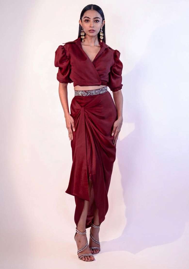 Deep Maroon Hand Work Chinon Fusion Set for Diwali and Festive Wear - Indya