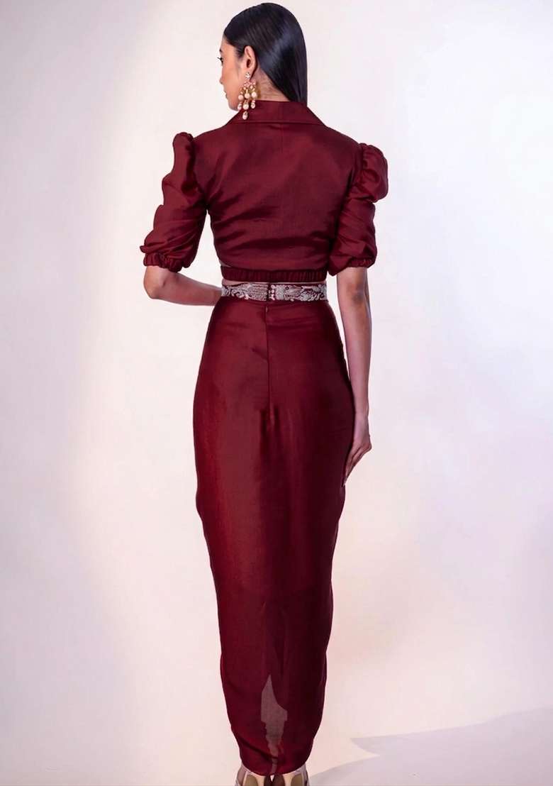 Deep Maroon Hand Work Chinon Fusion Set for Diwali and Festive Wear - Indya