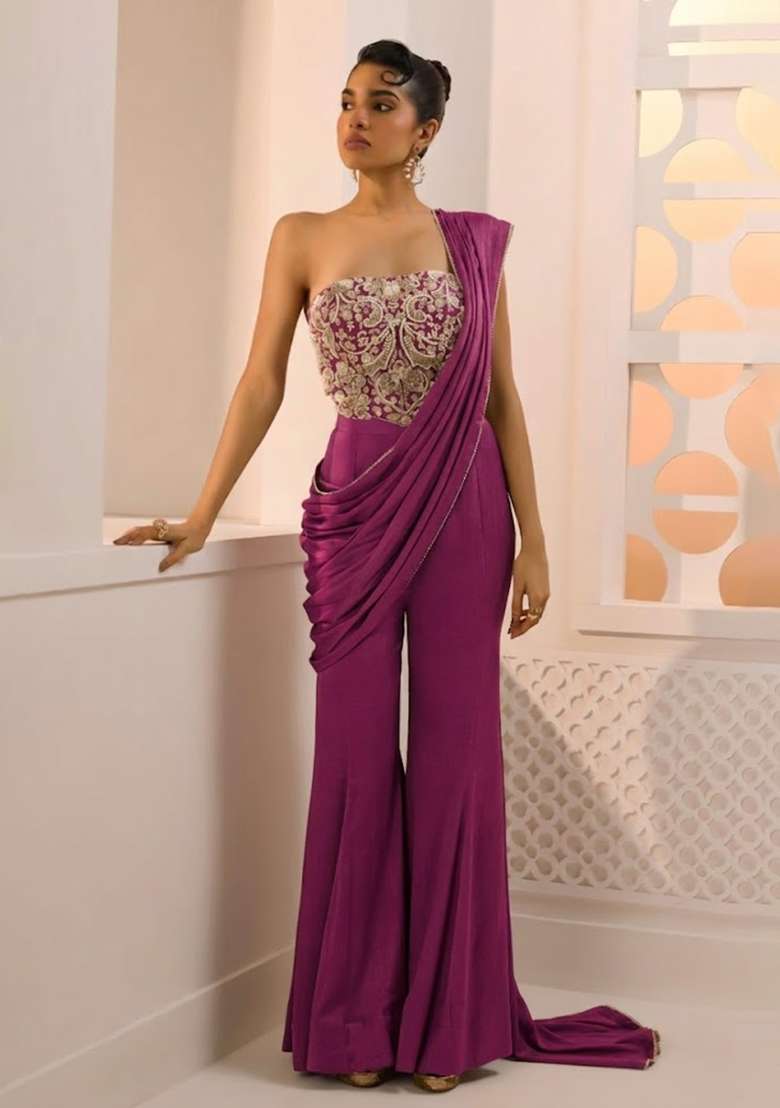 Magenta Hand Work Chinon Fusion Set - Indya