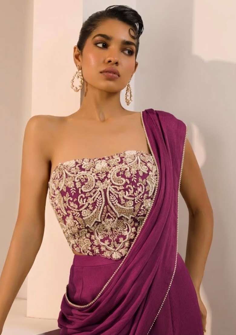 Magenta Hand Work Chinon Fusion Set - Indya