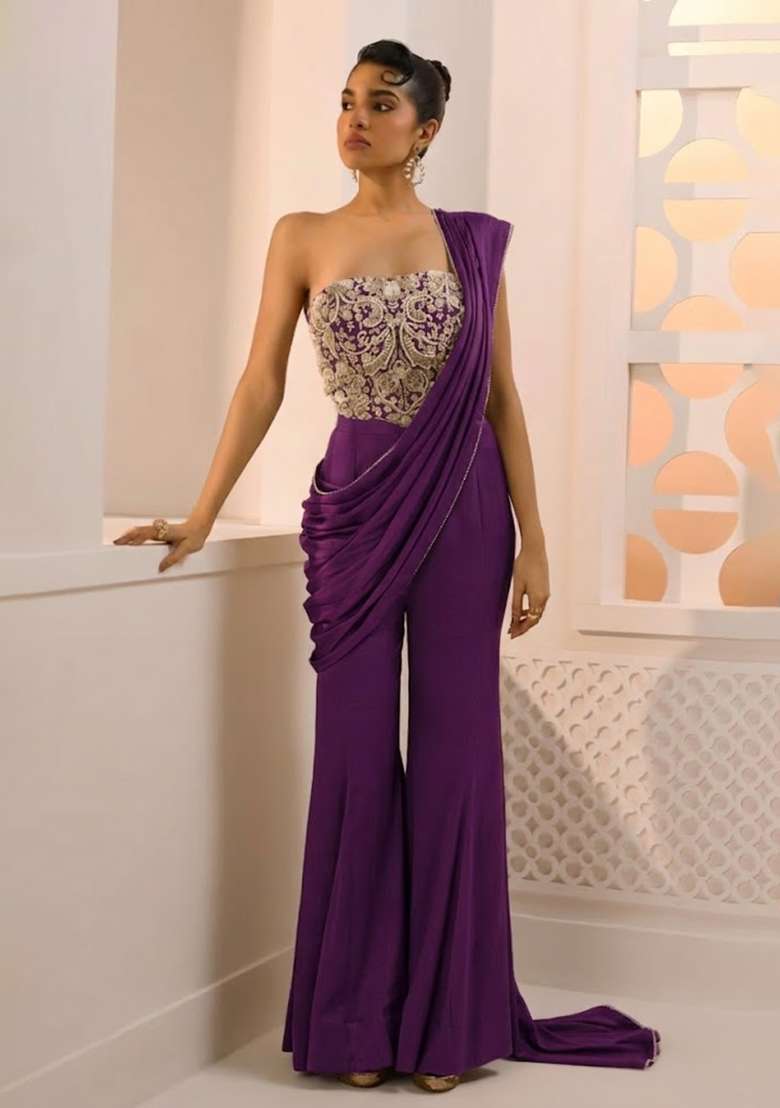Purple Hand Work Chinon Fusion Set - Indya