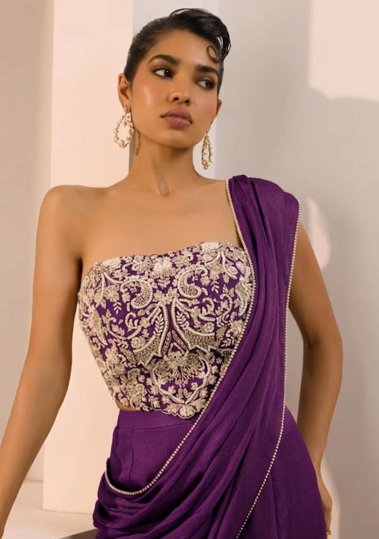 Purple Hand Work Chinon Fusion Set - Indya