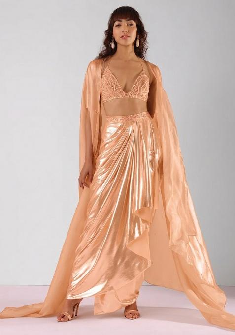 Peach Hand Work Chinon Fusion Set