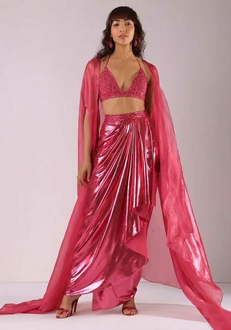 Metallic Pink Hand Work Chinon Fusion Set