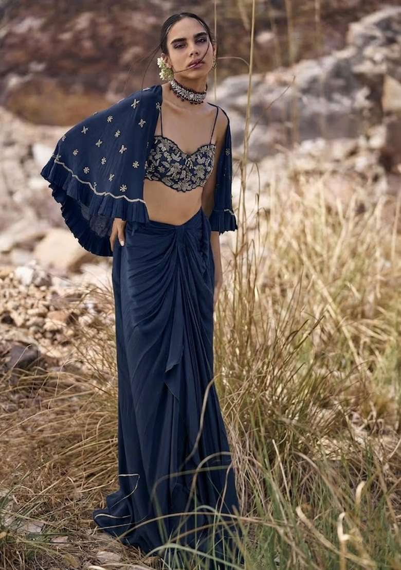 Navy Blue Hand Work Chinon Fusion Set - Indya