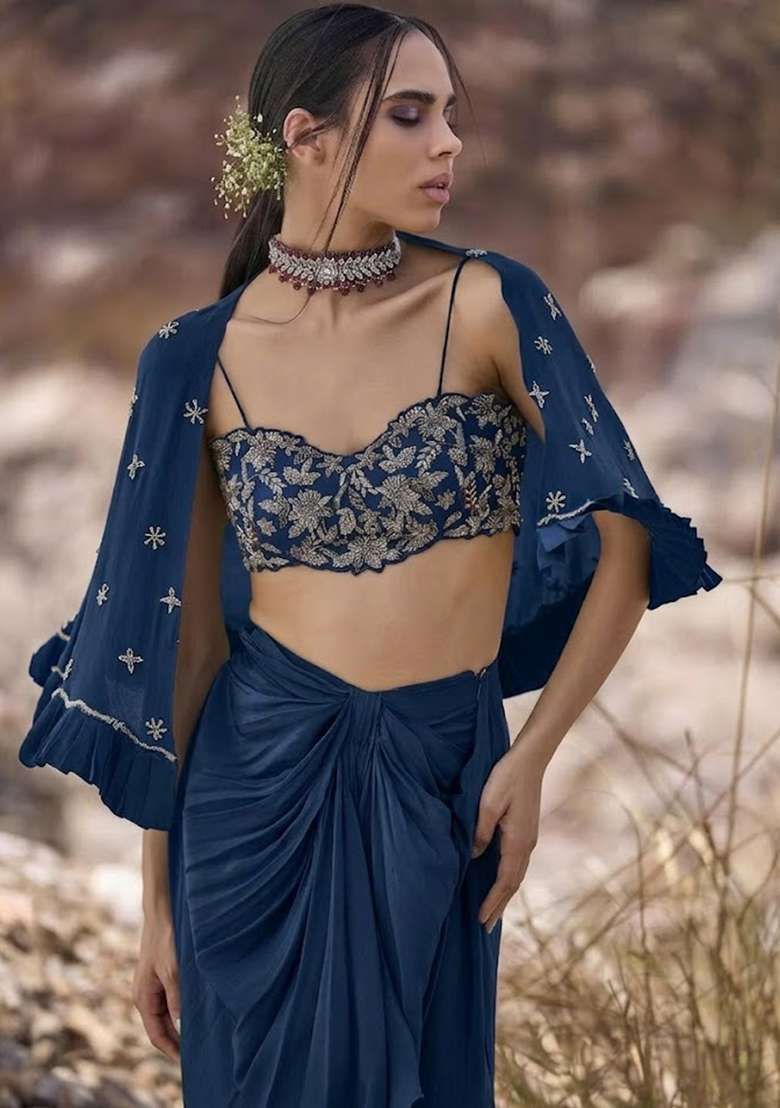 Navy Blue Hand Work Chinon Fusion Set - Indya