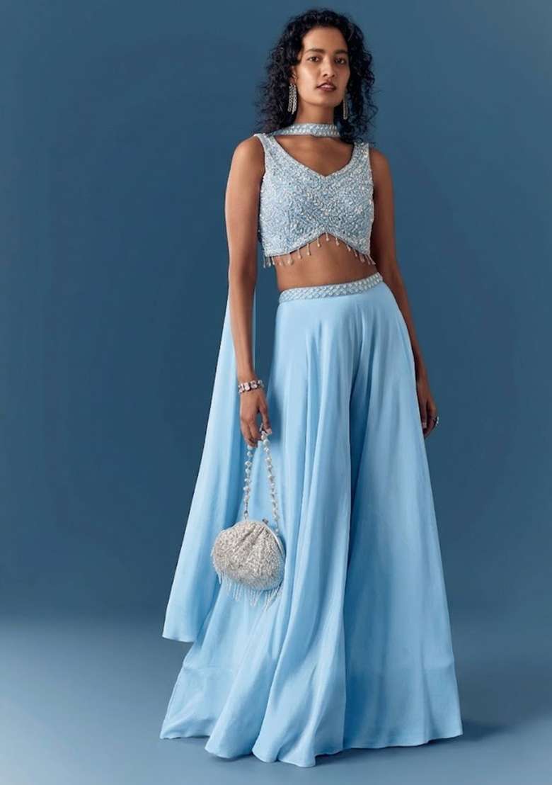 Soft Blue Hand Work Chinon Fusion Set - Indya