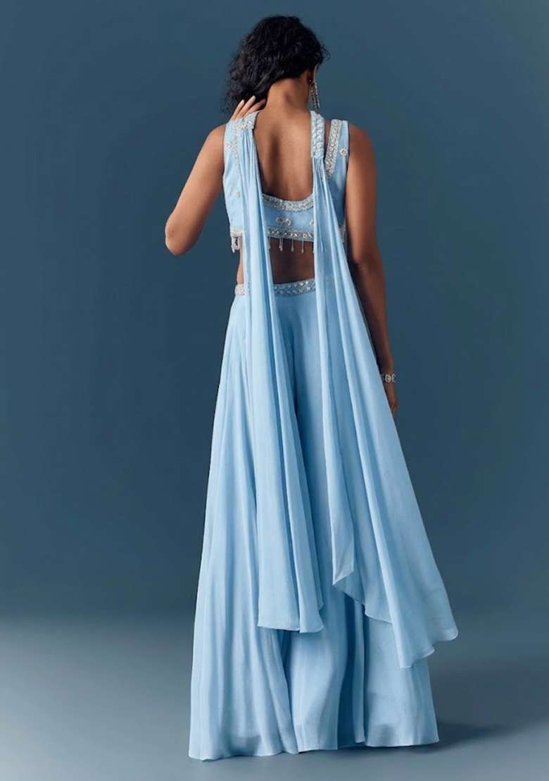 Soft Blue Hand Work Chinon Fusion Set - Indya