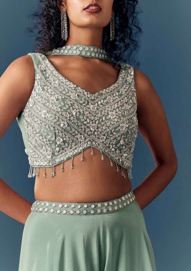 Sage Green Hand Work Chinon Fusion Set - Indya
