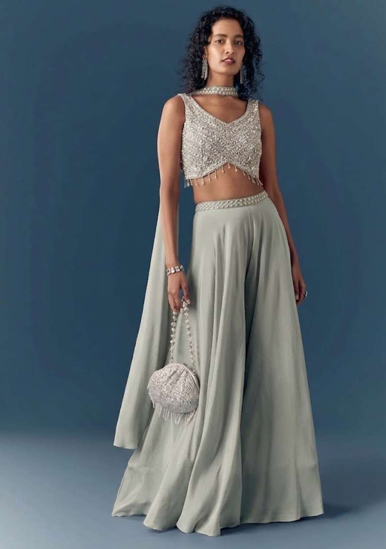 Sage Green Hand Work Chinon Fusion Set - Indya