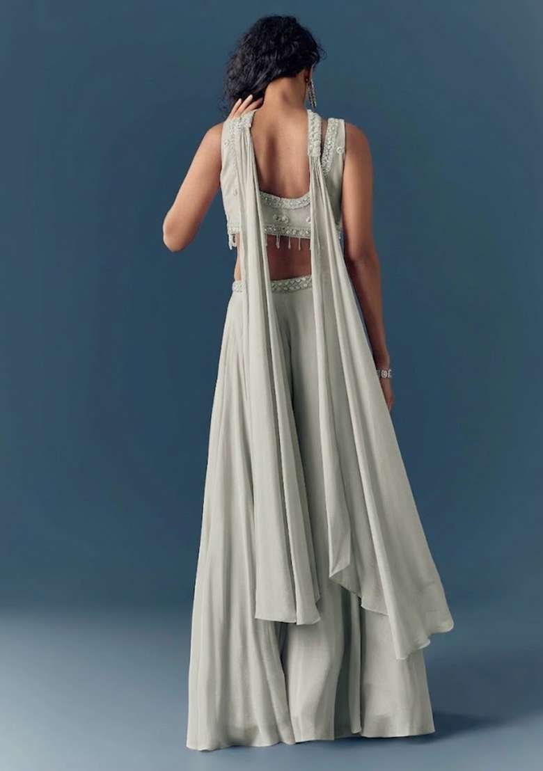 Sage Green Hand Work Chinon Fusion Set - Indya