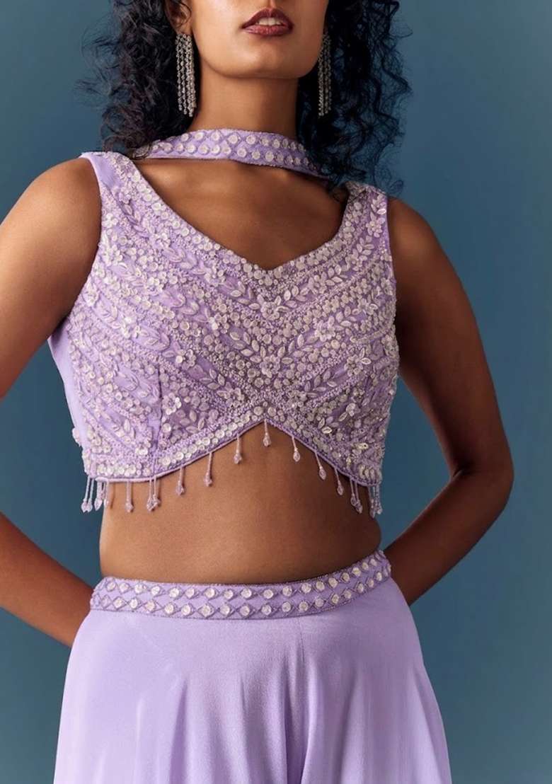 Lavender Hand Work Chinon Fusion Set - Indya