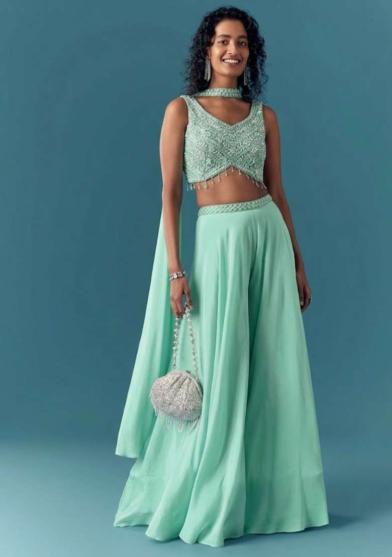 Mint Green Hand Work Chinon Fusion Set - Indya