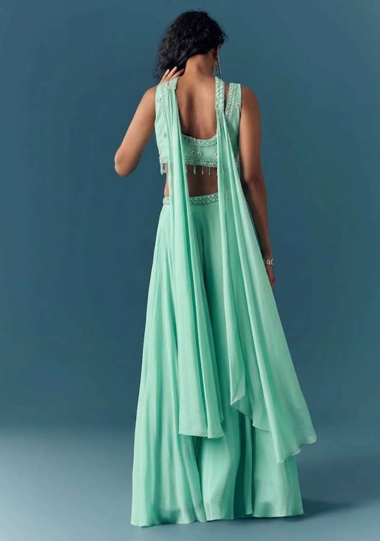 Mint Green Hand Work Chinon Fusion Set - Indya
