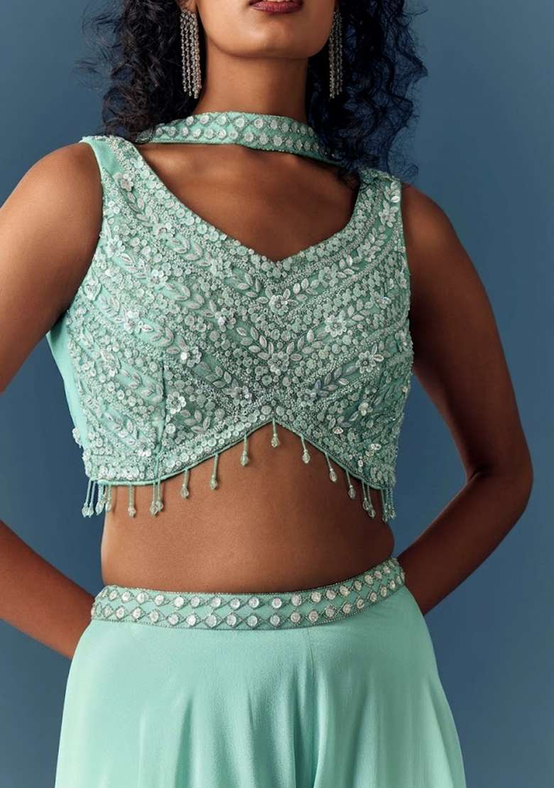 Mint Green Hand Work Chinon Fusion Set - Indya