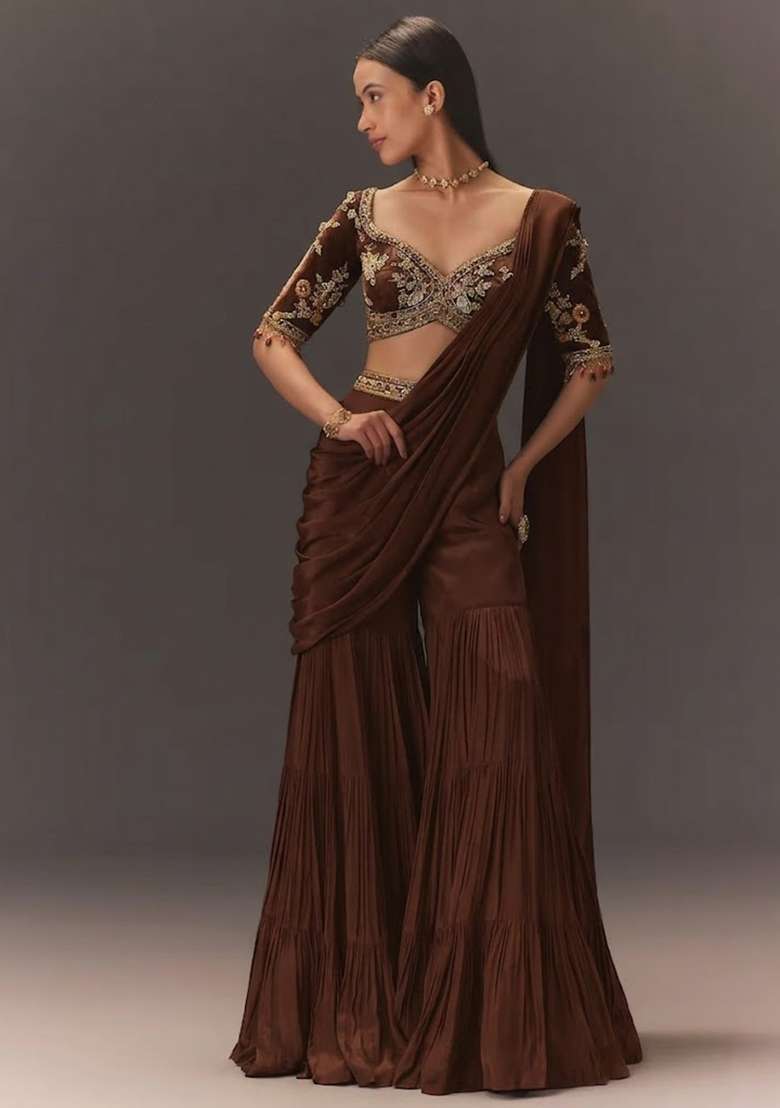 Brown Hand Work Chinon Fusion Set - Indya