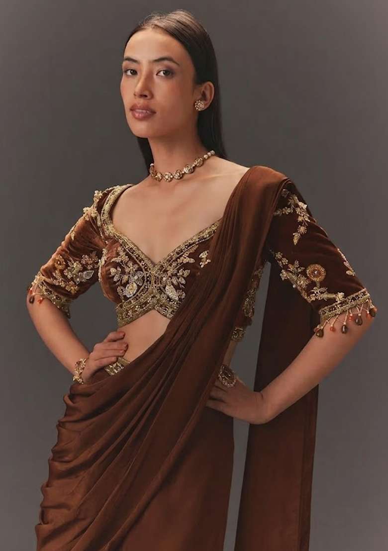 Brown Hand Work Chinon Fusion Set - Indya