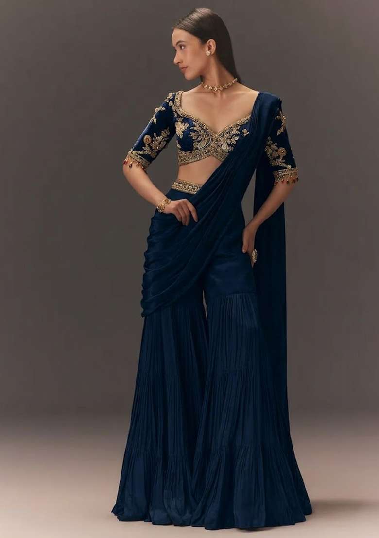 Navy Blue Hand Work Chinon Fusion Set - Indya