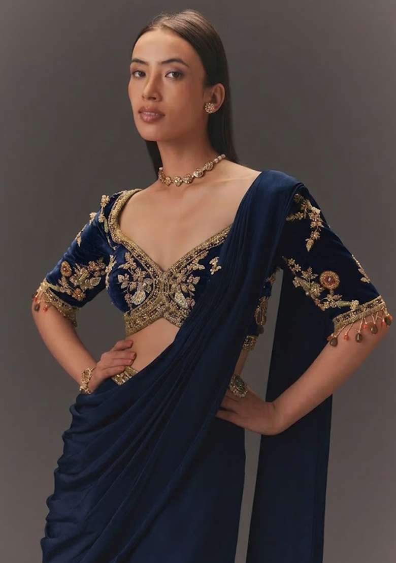 Navy Blue Hand Work Chinon Fusion Set - Indya