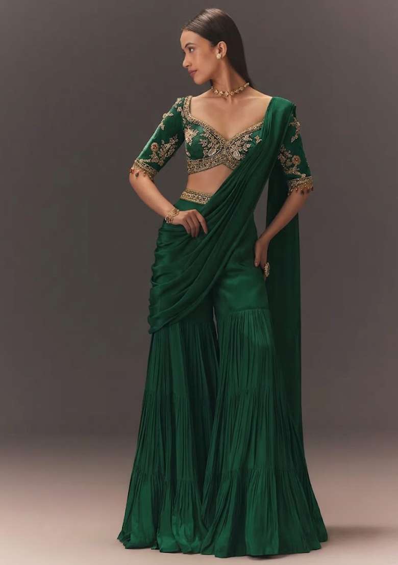 Emerald Green Hand Work Chinon Fusion Set - Indya
