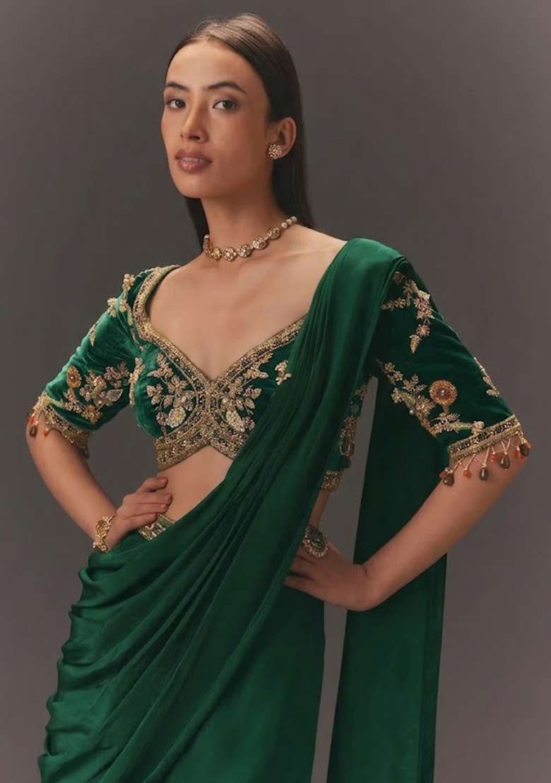 Emerald Green Hand Work Chinon Fusion Set - Indya