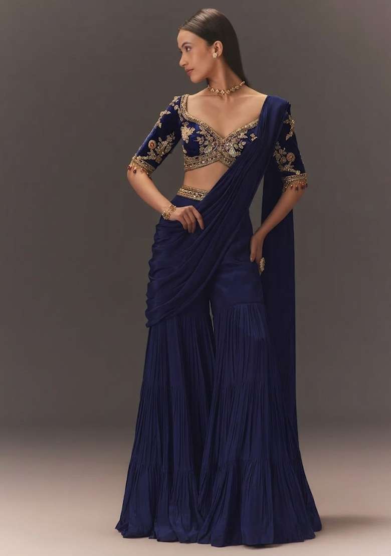 Navy Blue Hand Work Chinon Fusion Set - Indya