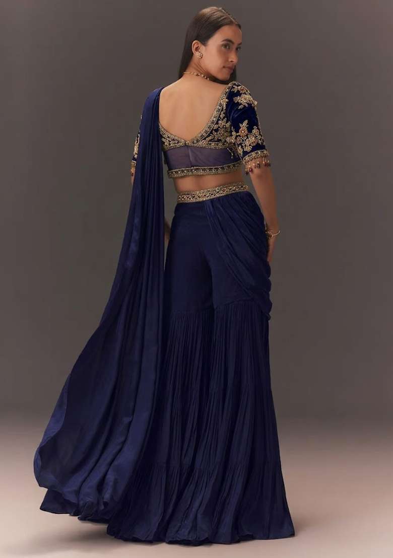 Navy Blue Hand Work Chinon Fusion Set - Indya