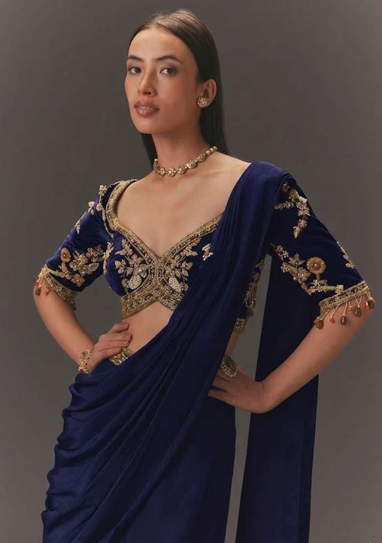 Navy Blue Hand Work Chinon Fusion Set - Indya