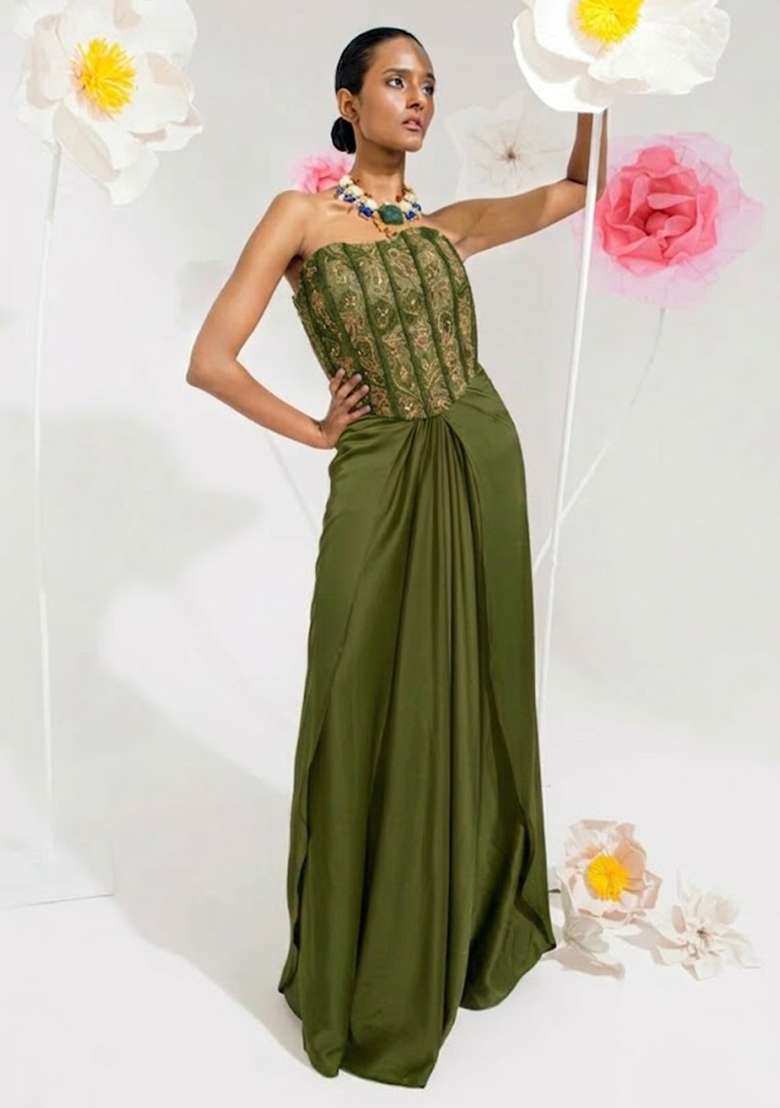 Olive Green Hand Work Chinon Fusion Set - Indya