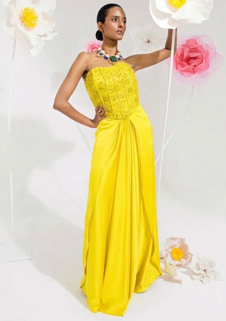 Yellow Hand Work Chinon Fusion Set - Indya