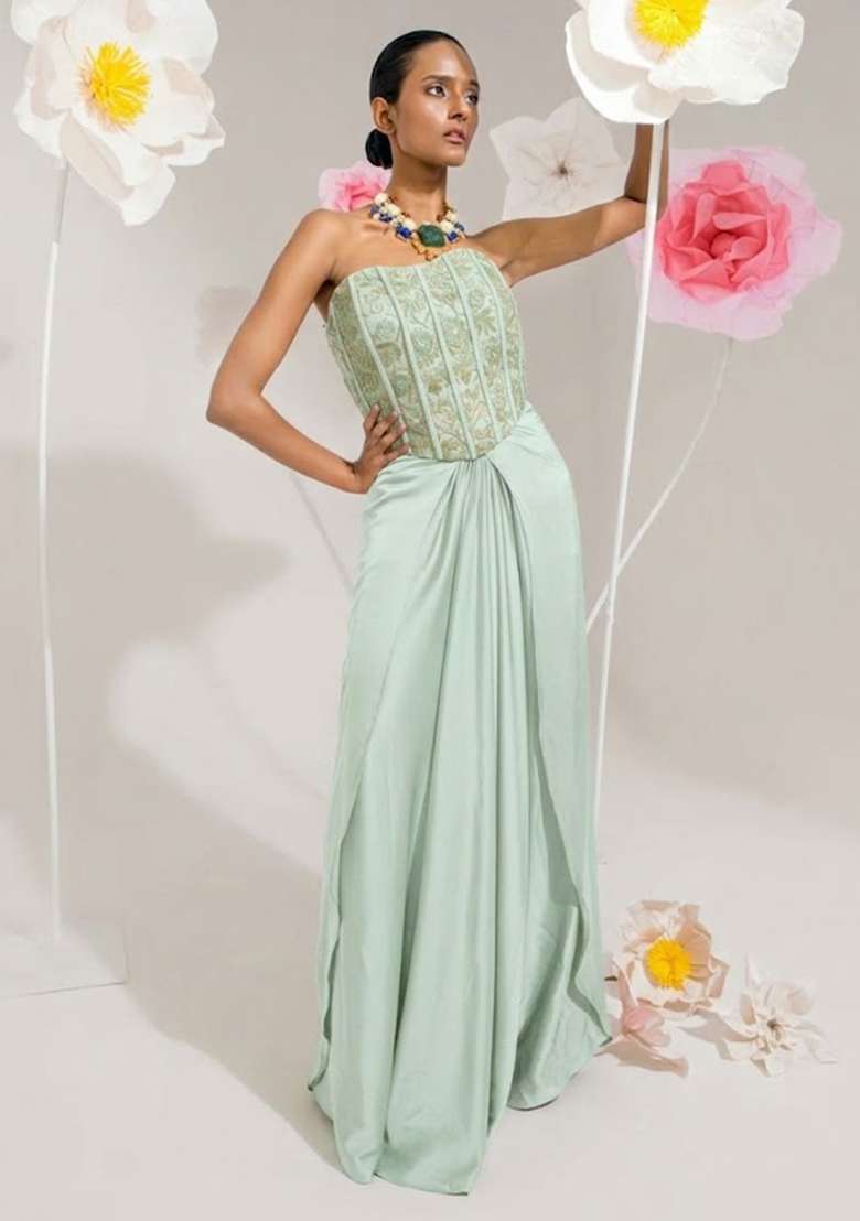 Mint Green Hand Work Chinon Fusion Set - Indya