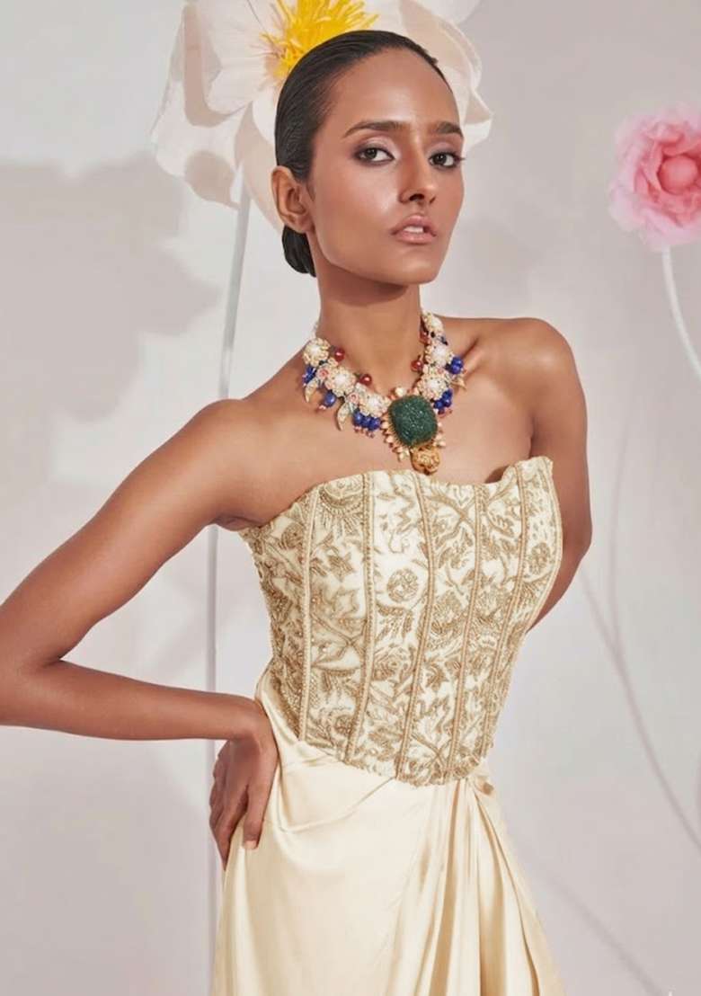 Cream Hand Work Chinon Fusion Set - Indya