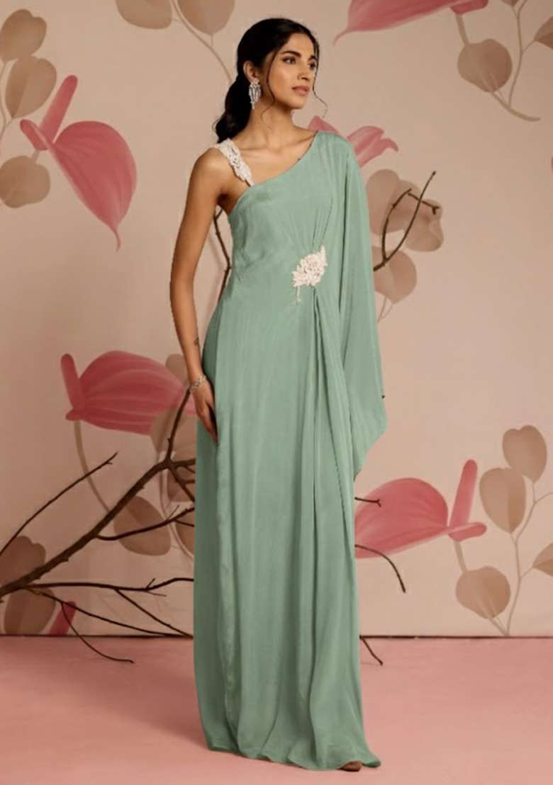 Mint Green Hand Work Chinon Fusion Set for Diwali and Festive Wear - Indya