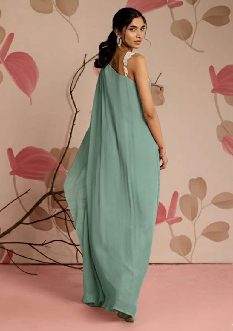 Mint Green Hand Work Chinon Fusion Set for Diwali and Festive Wear - Indya