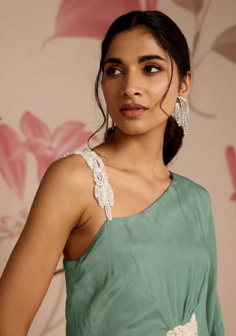 Mint Green Hand Work Chinon Fusion Set for Diwali and Festive Wear - Indya