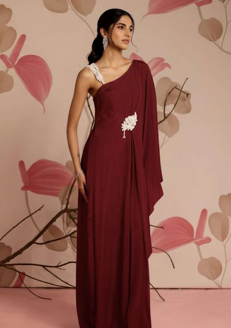 Deep Maroon Chinon Fusion Set with Hand Work for Diwali | Wedding & Festive Wear - Indya